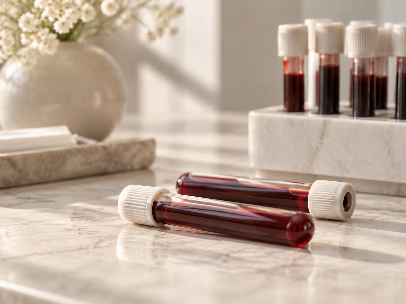 Laboratory sample tubes arranged on a stone surface in soft daylight